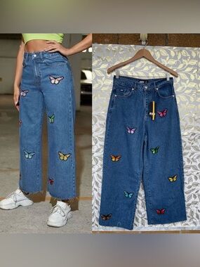 Minga London Butterfly Patch Wide Leg Skater Jeans Y2K Indie Aesthetic size 4
